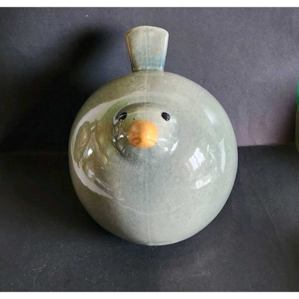 Glazed Ceramic Green Bird Sphere Minimalist Crazing MCM 8.5” Medium Vintage